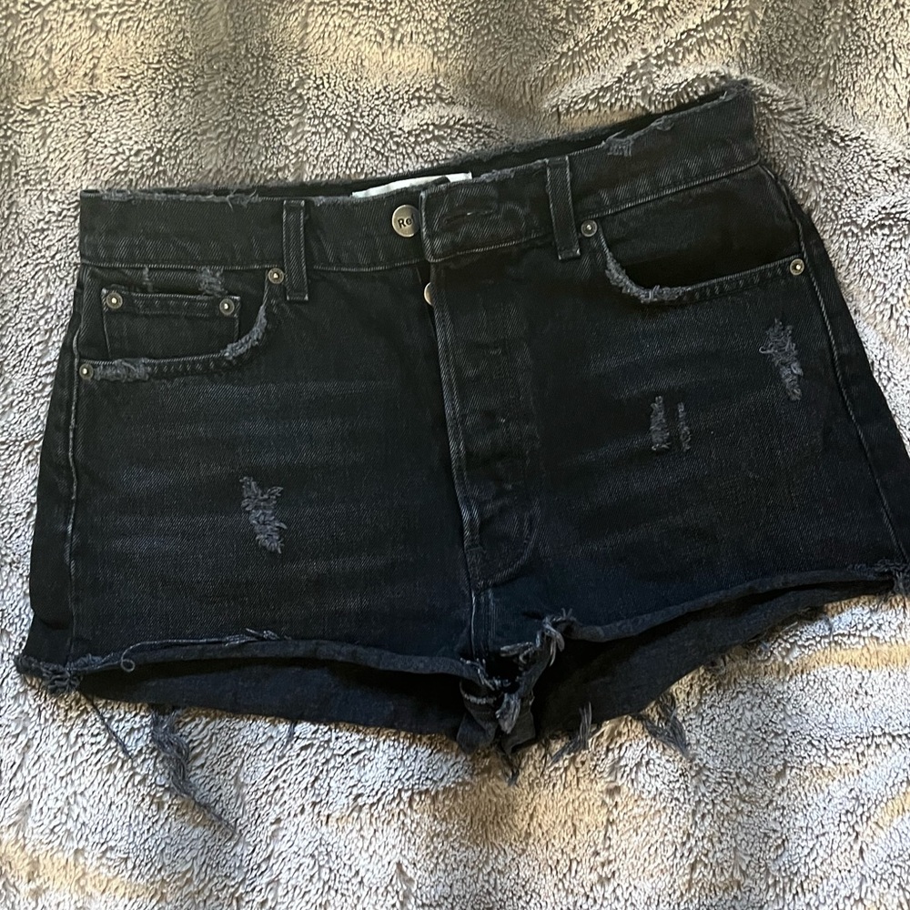 Reformation Black Button Fly High Rise Jean Short Distressed Size 29